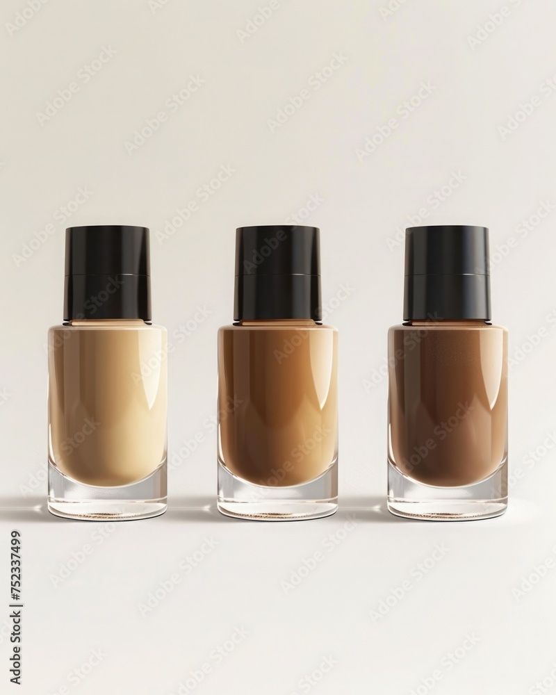 Frontal view of nail polish bottles standing on a pure white background, each filled with a different shade of beige. Frontal view of nail polish bottles standing on a pure white background, each filled with a different shade of beige.