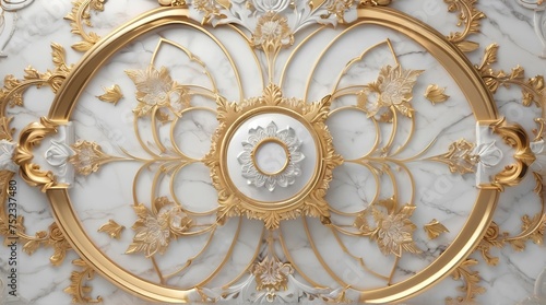 symmetrical background, 3d wallpaper ceiling design model. decorative frame on a luxurious background of gold and white marble and mandala. photo