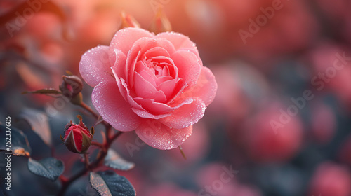 Pink Rose flower bloom on background blurry roses in roses garden. 