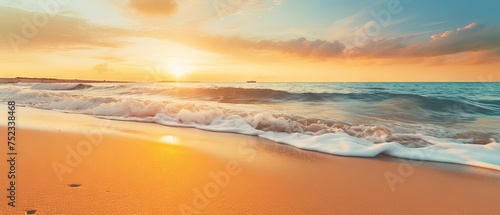 Panoramic Tropical Beach Sunset: Tranquil Seascape with Golden Sand and Calm Sky - Vacation Travel Banner
