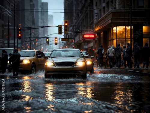 Cars driving through a flooded street with pedestrians panicking, natural disaster aftermath, climate impact