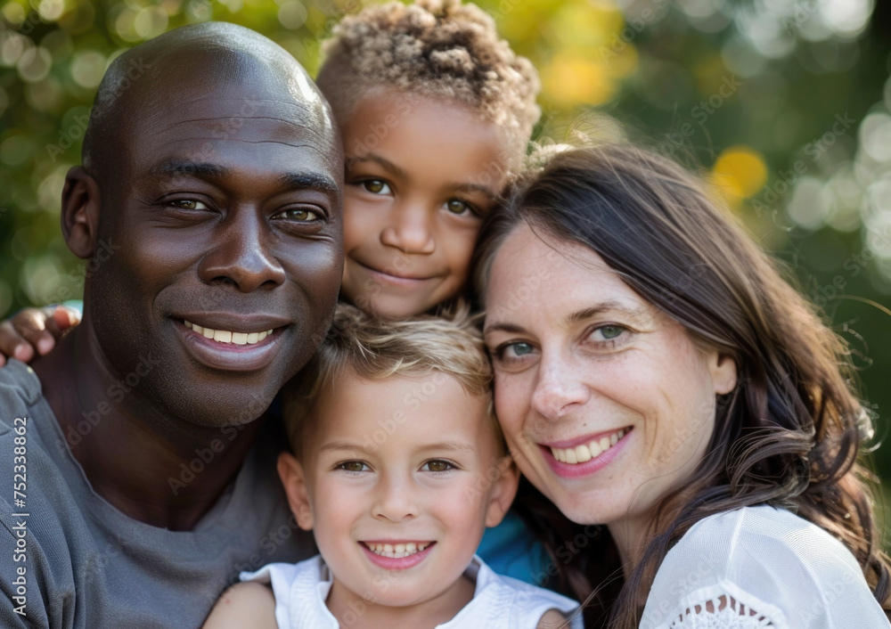 Close up portrait of family of mixed race outdoors