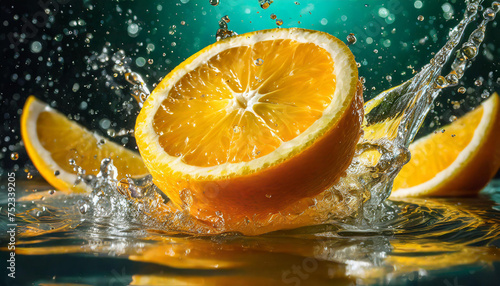 Half of fresh orange, with water droplets splashing around. Healthy and tasty fruit. Juicy citrus.