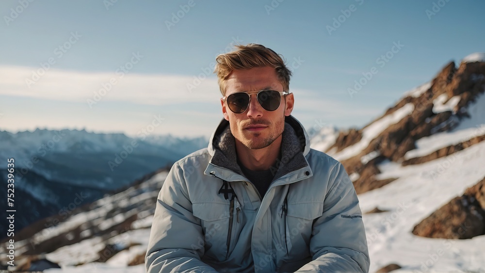 Handsome white man travel influencer in a snowy mountain landscape, sitting in top of rock