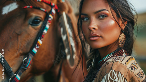 American Indian woman in traditional costume with horse. 