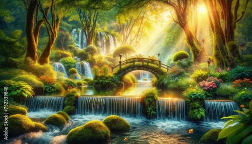 Sunlit Fantasy Garden with Cascading Waterfalls and Floral Stone Bridge. illustation Wallpaper  © MrJacki