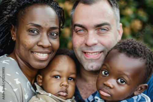 Close up portrait of family of mixed race outdoors