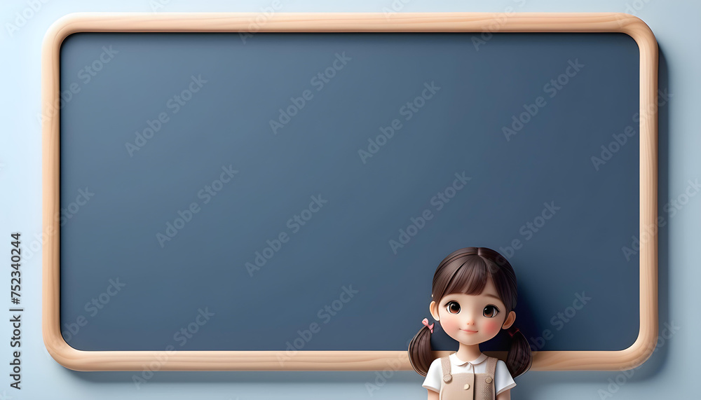 A cute girl stands in front of a blank message board (blackboard) with nothing written on it. with copy space - obrazy, fototapety, plakaty 
