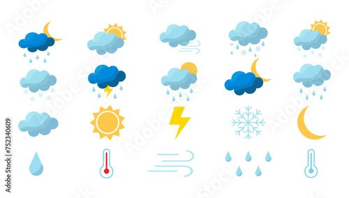 Weather Flat Icons. Vector different weather signs collection.