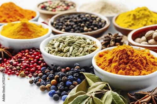 Many spices in porcelain bowls on a white background.