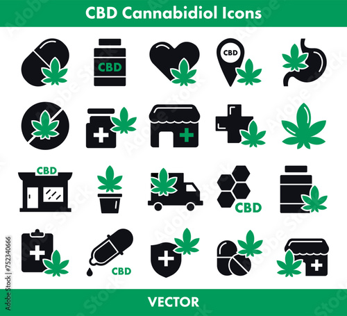 CBD Cannabidiol Flat Vector icons collection. Medical cannabis icon set.