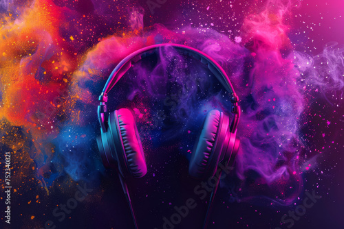 World music day banner with headset headphones on abstract colorful dust background. Music day event and musical instruments colorful design