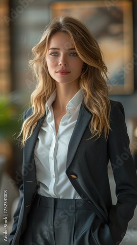 A young Caucasian businesswoman with a confident smile, dressed in a suit, representing professionalism and success. © Vitalii But