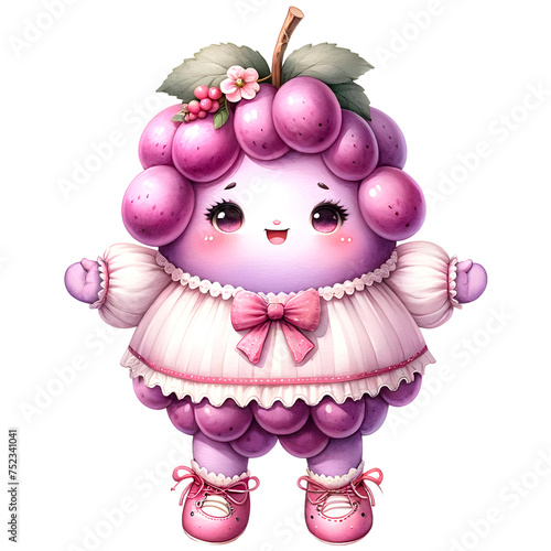 Grapes fruit character wearing cute pastel outfit clipart. Nursery fruit theme.
