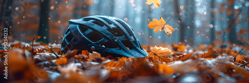Bicycle Helmet Woods Background, bicycle helmet on a table 