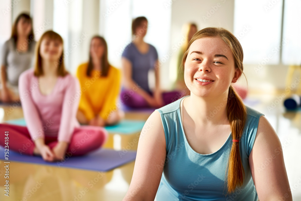 Portrait of smiling woman with Down syndrome in diversity group yoga class, practicing for health, mental wellbeing, wellness. Concept of inclusivity sports for people with disabilities. Copy space