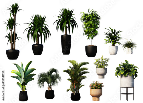 3D render various types of decorative plant pots
