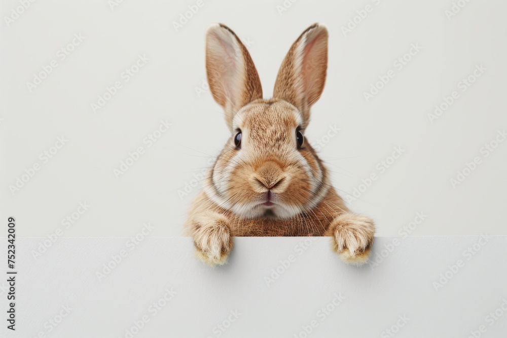 Obraz premium A cute bunny peeks over a white edge, symbolizing curiosity, playfulness, and innocence. Perfect for themes of pets, animals, and adorable moments. Ideal for spring, Easter, or animal-themed concepts.