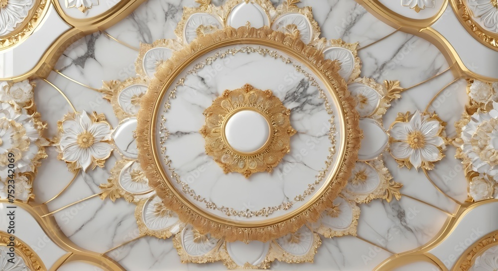 symmetrical background, 3d wallpaper ceiling design model. decorative frame on a luxurious background of gold and white marble and mandala. symmetrical background, 3d wallpaper ceiling design model. decorative frame on a luxurious background of gold and white marble and mandala.