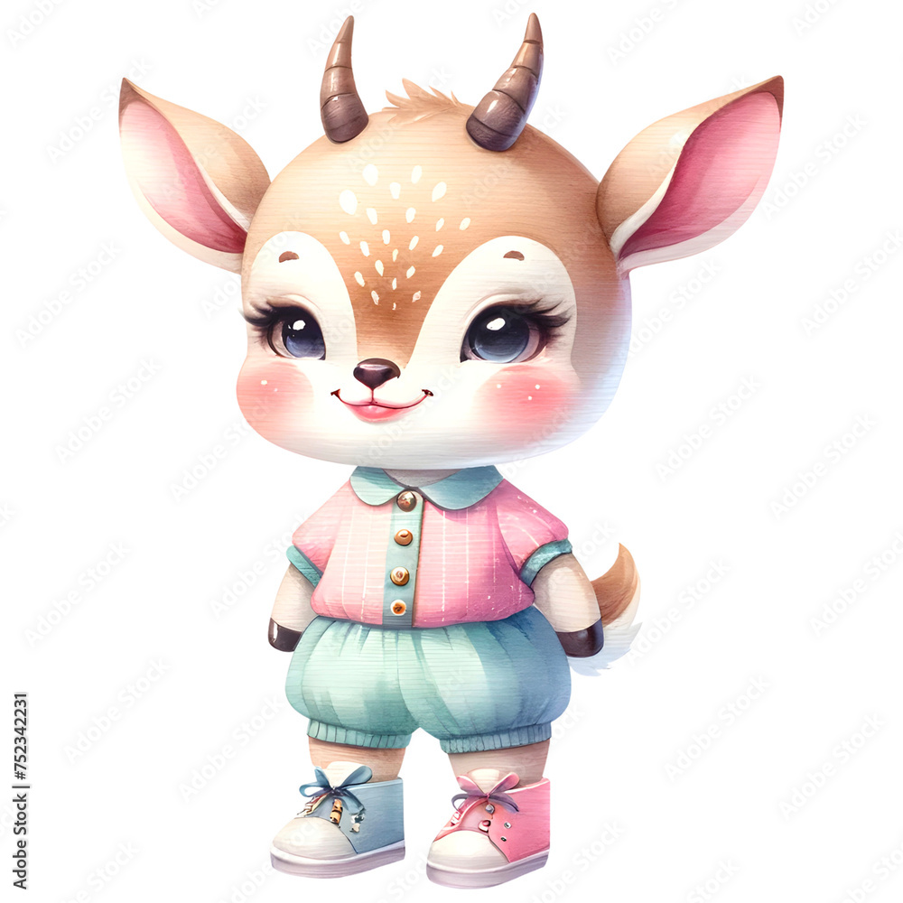 Cute kawaii Antelope animal character wearing cute pastel outfit clipart. 