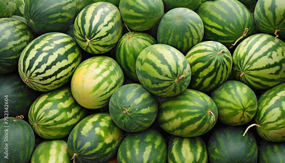 Many big green ripe watermelons. Organic farm harvest. Tasty and sweet summer dessert.