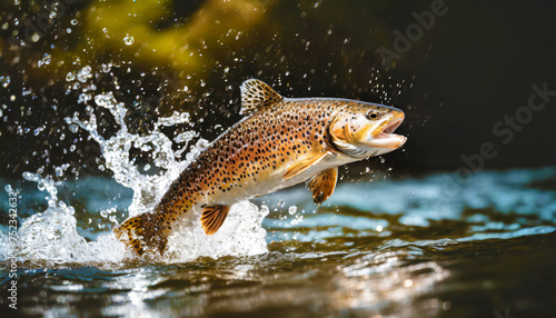 Brown trout is jumping out of water with water splash