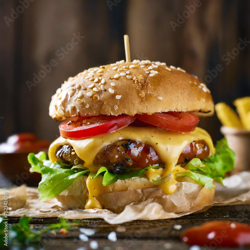 Close-up of a delicious cheeseburger with lettuce, tomato, onion, mustard, ketchup, and melted american cheese,