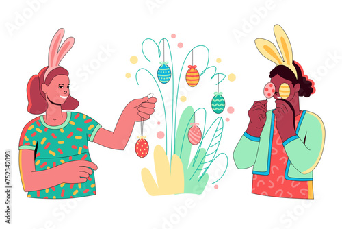 Cute teenage girls in bunny ears decorate tree branches with Easter eggs. Children have fun and hang decorative colorful eggs on the plant. Easter celebration. Vector illustration isolated.