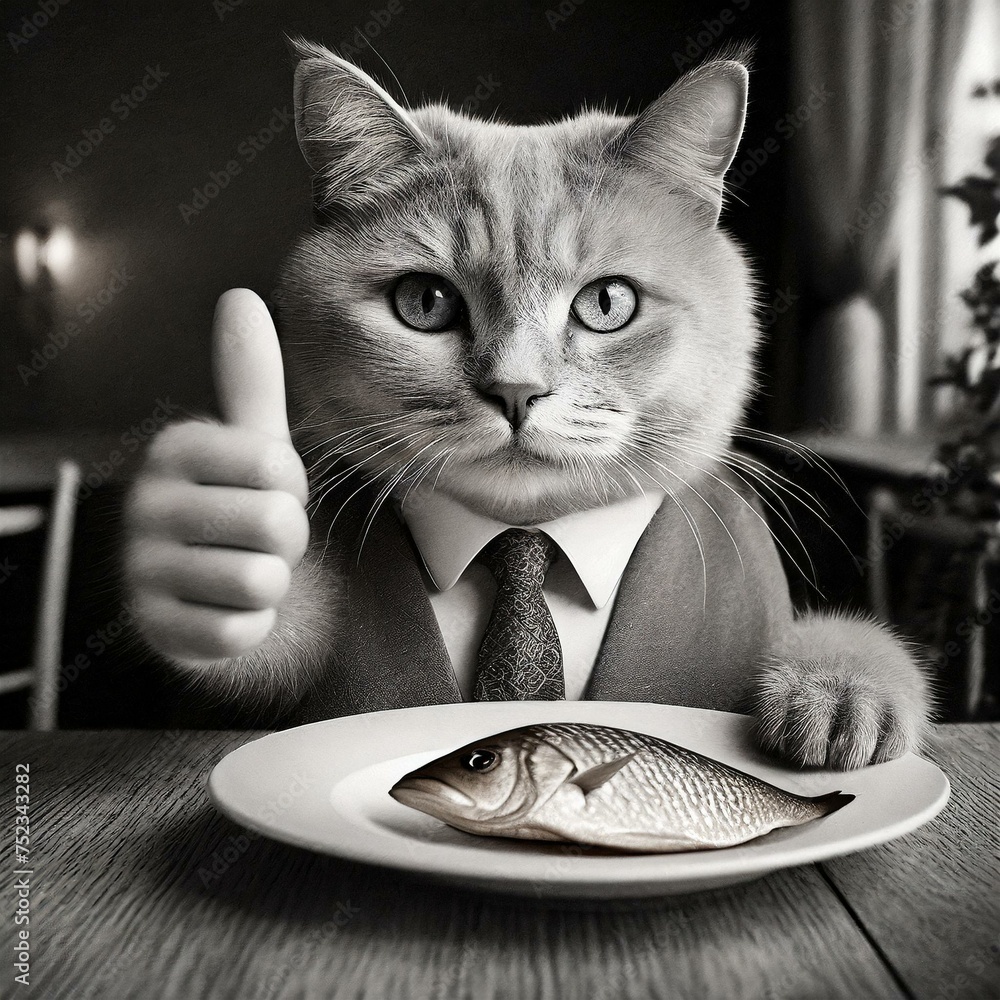 Kot siedzący za stołem przed talerzem z rybą i trzymający uniesioną łapkę z kciukiem do góry - obrazy, fototapety, plakaty 