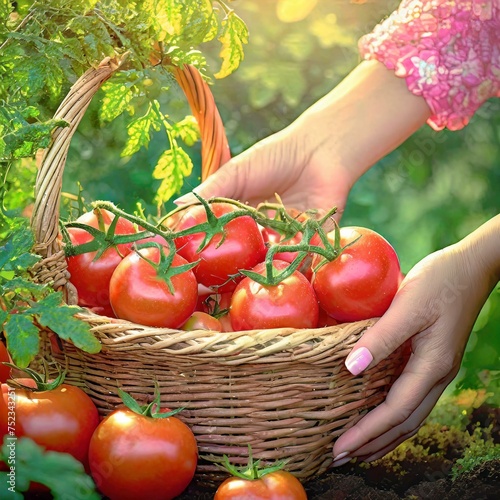 Kobieta trzymająca w dłoniach kosz pełen pomidorów