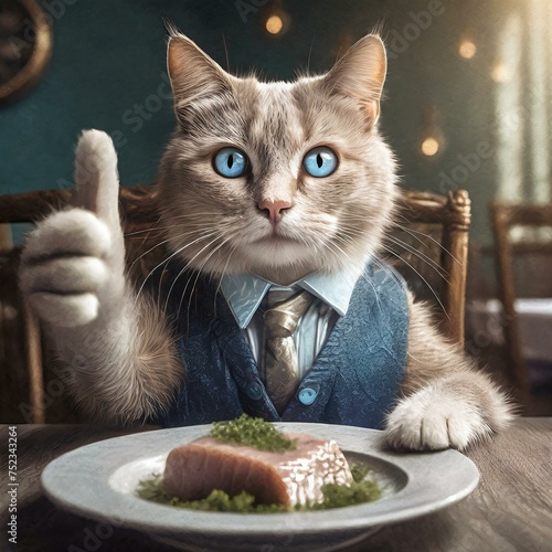 A cat sitting at a table in front of a plate of fish and holding a raised paw with a thumbs up © Monika