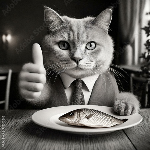 Kot siedzący za stołem przed talerzem z rybą i trzymający uniesioną łapkę z kciukiem do góry © Monika