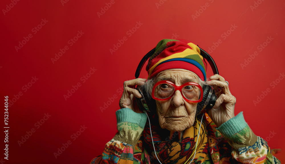 A woman in a colorful shirt and sunglasses is listening to music wearing headphones and she is enjoying herself. Studio portrait of eccentric elderly woman in colorful pink and yellow background A woman in a colorful shirt and sunglasses is listening to music wearing headphones and she is enjoying herself. Studio portrait of eccentric elderly woman in colorful pink and yellow background