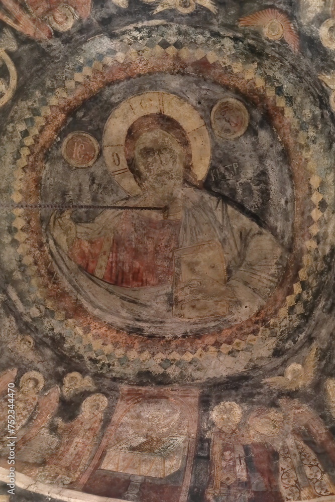 Pantocrator fresco by Trpo from AD 1806 on one of the Holy Archangels Church cupolas ceiling, Saint Naum Monastery. Ohrid-North Macedonia-267