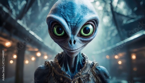 A blue big-eyed alien, scary creature, from other planet, galaxy, ufo