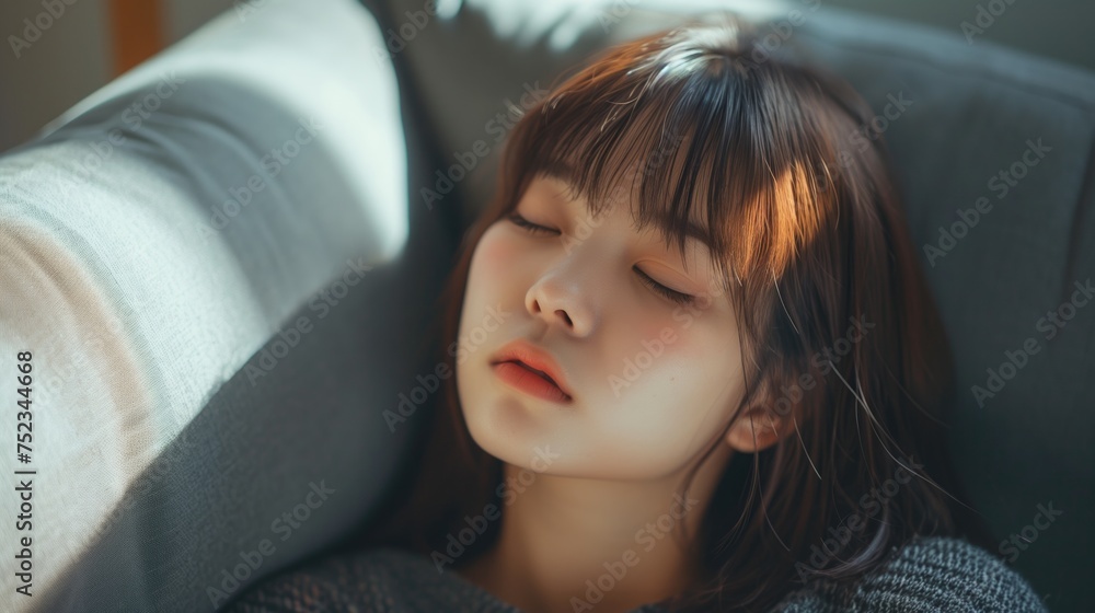 Beautiful asian woman sleeping or napping happy on a comfortable couch at home, Relaxed serene pretty young female feel fatigue lounge sleeping on comfortable sofa in living room, generative ai