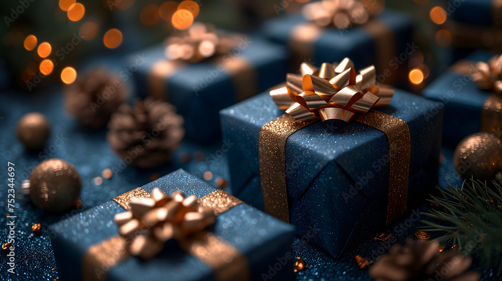 Blue Christmas gift boxes with a gold bow for holiday background. Neural network generated image. Not based on any actual scene or pattern.