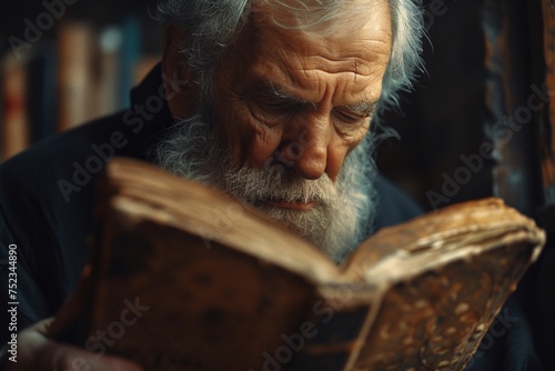 Close-up of a senior male with vivid white hair concentrates on a tattered book with golden bindings