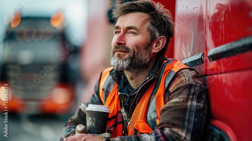A truck driver standing against a wall, holding a cup of coffee.