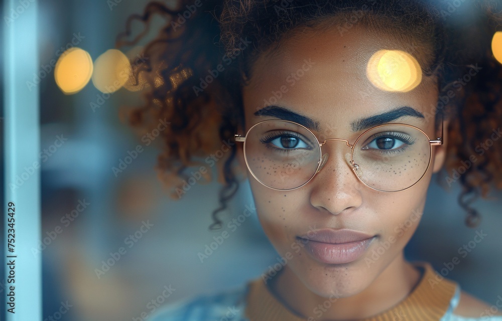 An African-American woman with freckles, wearing glasses, behind a window An African-American woman with freckles, wearing glasses, behind a window