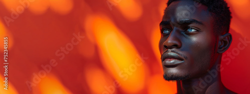 A man with a beard and dark hair is looking at the camera. The background is orange and the man s face is illuminated by the light