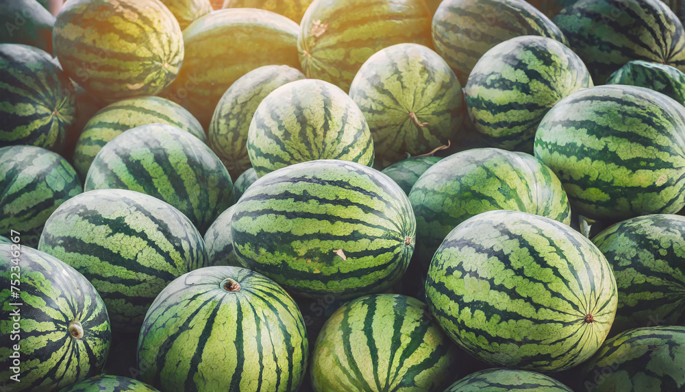 Many big green ripe watermelons. Organic farm harvest. Tasty and sweet summer dessert.