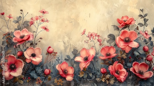 tulips in vintage style, Vintage scrapbook page with flowers. Pink beige printable digital paper background © haizah