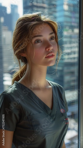 A young female doctor in medical scrubs gazes thoughtfully through a window with urban skyline in the background.