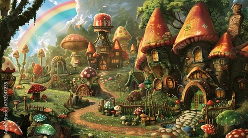 Whimsical Mushroom Village with Rainbow in Fairytale Forest A charming fairytale landscape featuring a whimsical mushroom village with a colorful rainbow overhead.   © M