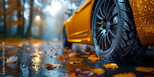 Closeup of car tires with rain tread on wet road in autumn. Concept Automotive Photography, Wet Weather Tires, Autumn Scenery, Close-Up Shots, Road Safety