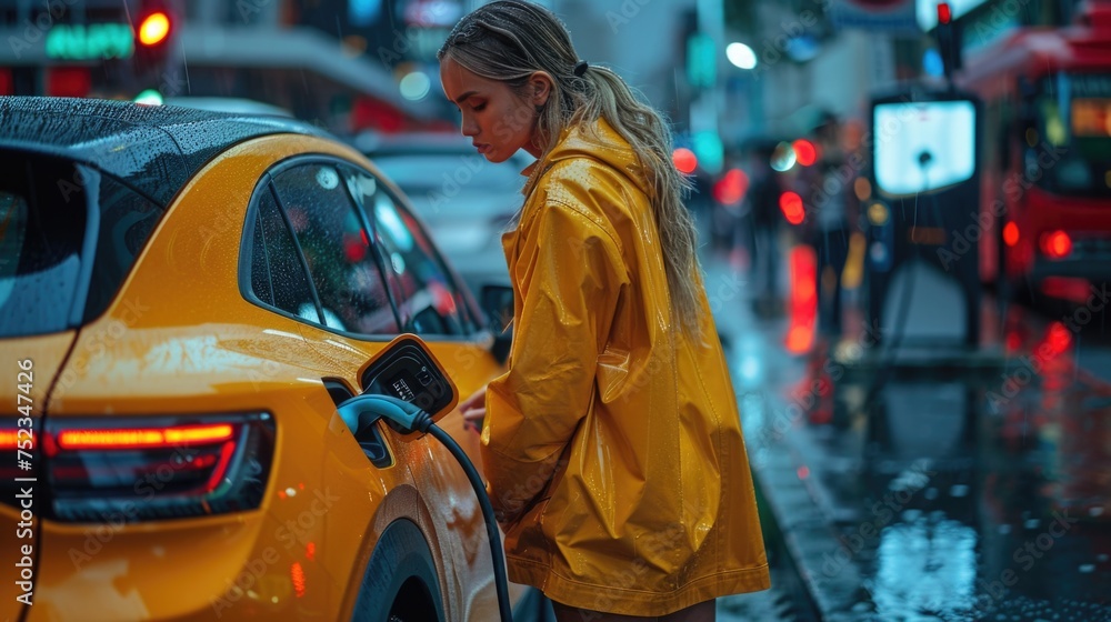 A young woman in a yellow raincoat charges an electric car on a vibrant city street, reflecting urban eco-friendly transport.