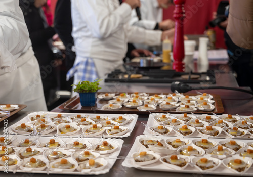 Degustation appetisers for visitors made by great chefs of high cuisine French restaurants  winter festival  Avenue de Champagne  Epernay  France