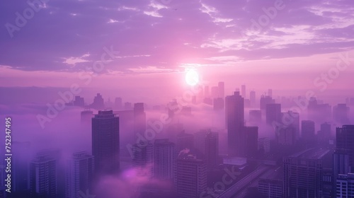 Ash gray and vibrant violet, modern city dawn theme, awakening urban landscape, early morning city life, fresh new day, quiet city streets, cool dawn light, contemporary urban setting