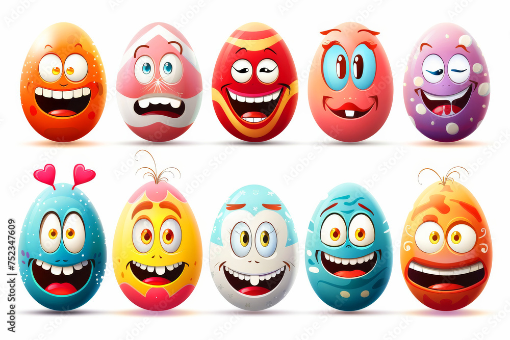 A set of colorful cartoon eggs with different expressions. Some are smiling, while others are frowning. Easter eggs characters vector set design. Easter egg character decoration with happy, smiling A set of colorful cartoon eggs with different expressions. Some are smiling, while others are frowning. Easter eggs characters vector set design. Easter egg character decoration with happy, smiling